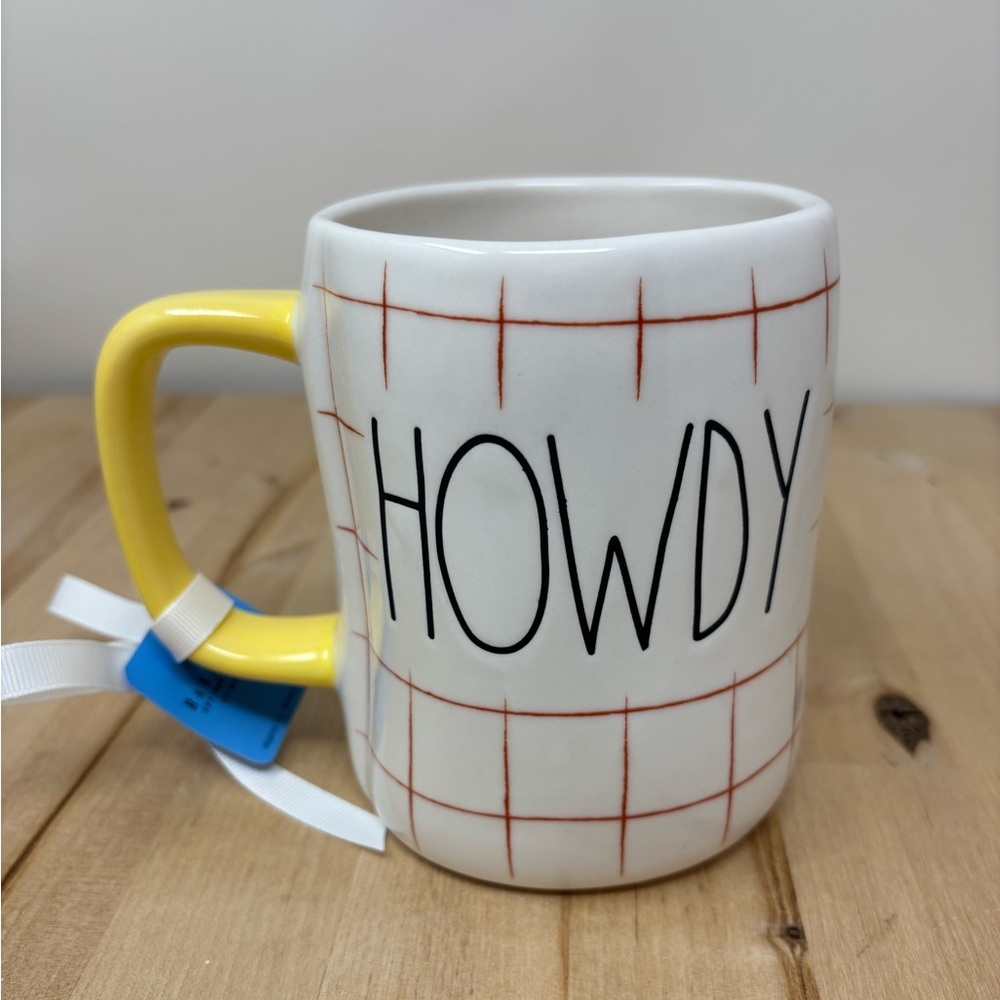 Rae Dunn HOWDY Mug Woody Decor Double Sided Yellow Handle Black Lettering New